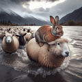 Unlikely Allies: Rabbits Ride on Sheep's Backs to Escape Flooding